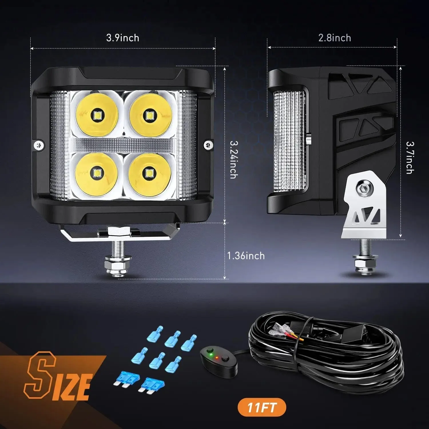 4 Inch 26W 2830LM Side Shooter DRL Spot Flood LED Pods (Pair) | 16AWG DT Wire
