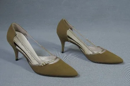 60s Spike Heels Vintage Deadstock Suede Olive Gold Pointy Toe Pumps Shoes Qualicraft VFG