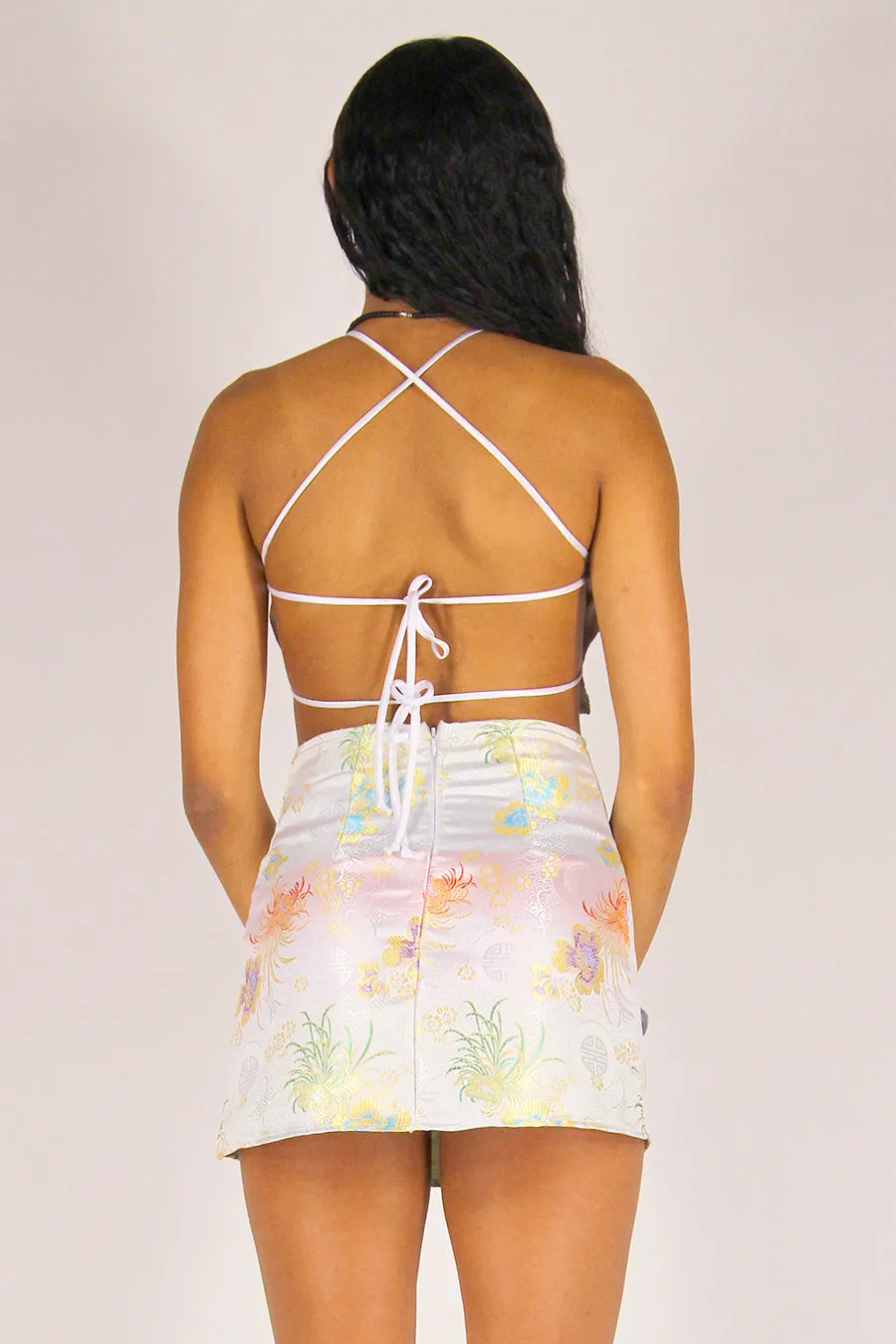 Backless Crop Top - White Satin with Flowers