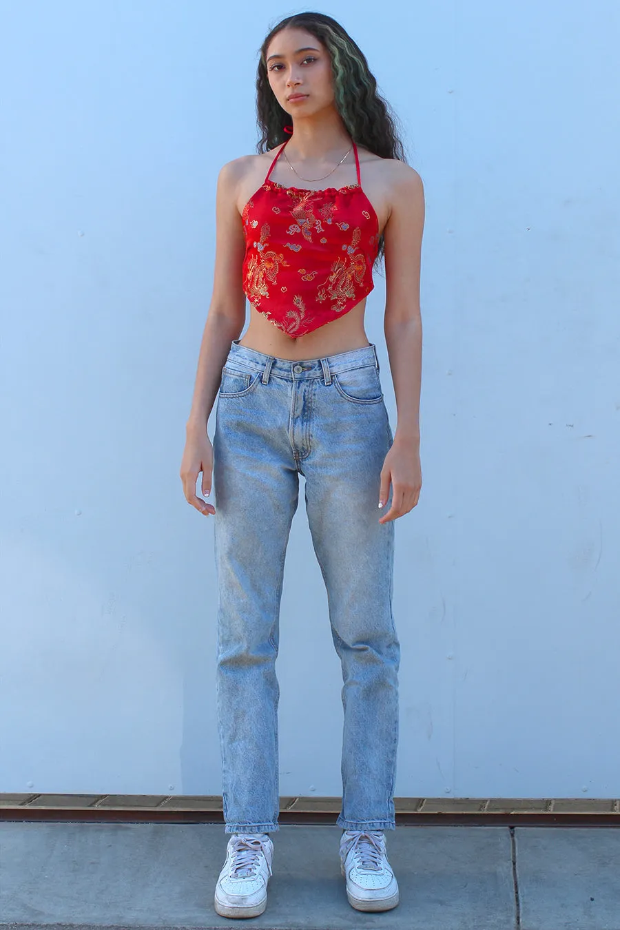 Backless Triangle Top - Red Satin with Dragons