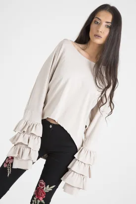 Beige Oversized Frill Sleeve Top - Connie