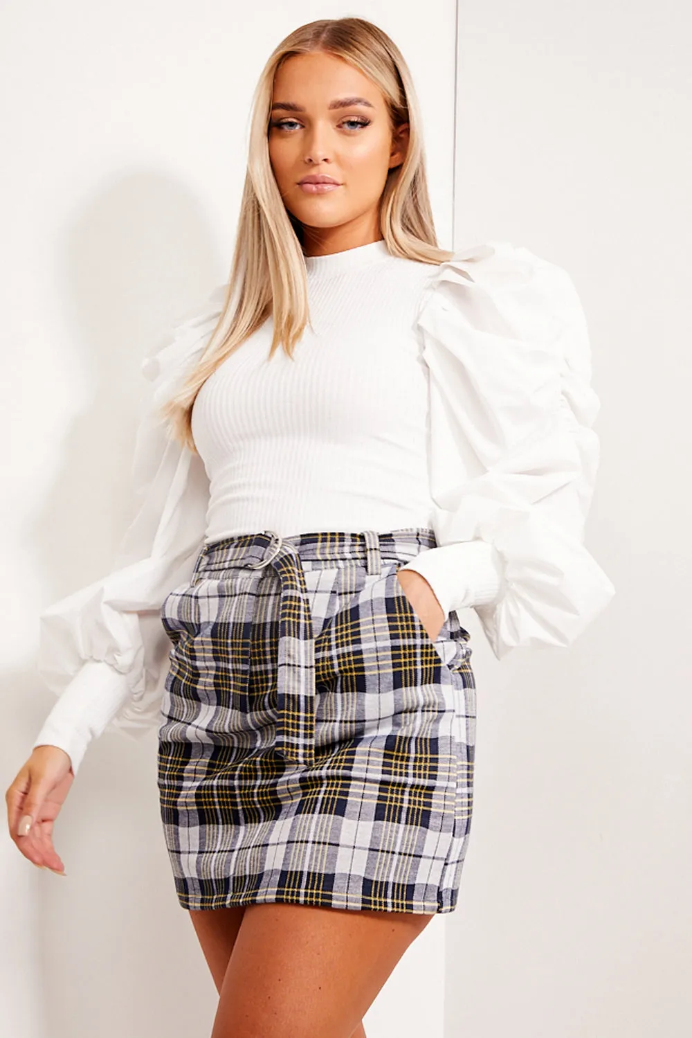 Blue and Yellow D Ring Belted Check Mini Skirt