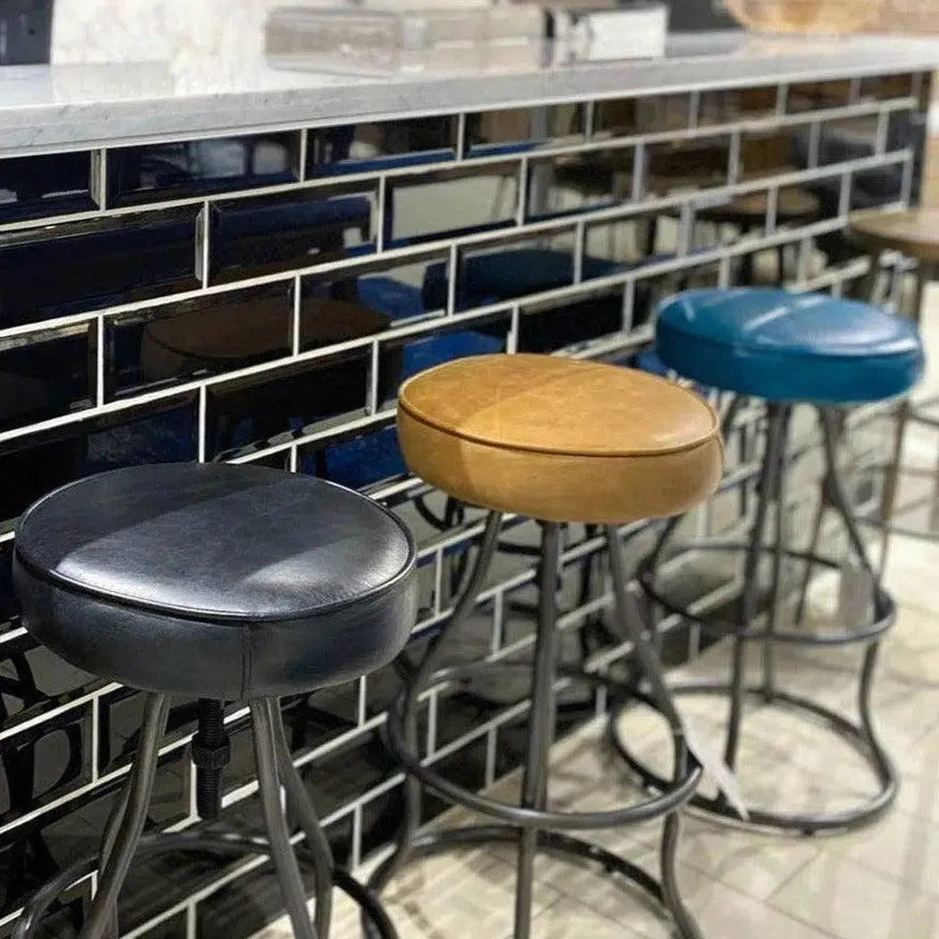 Blue Leather Seat Backless Adjustable Height Counter Height Stool