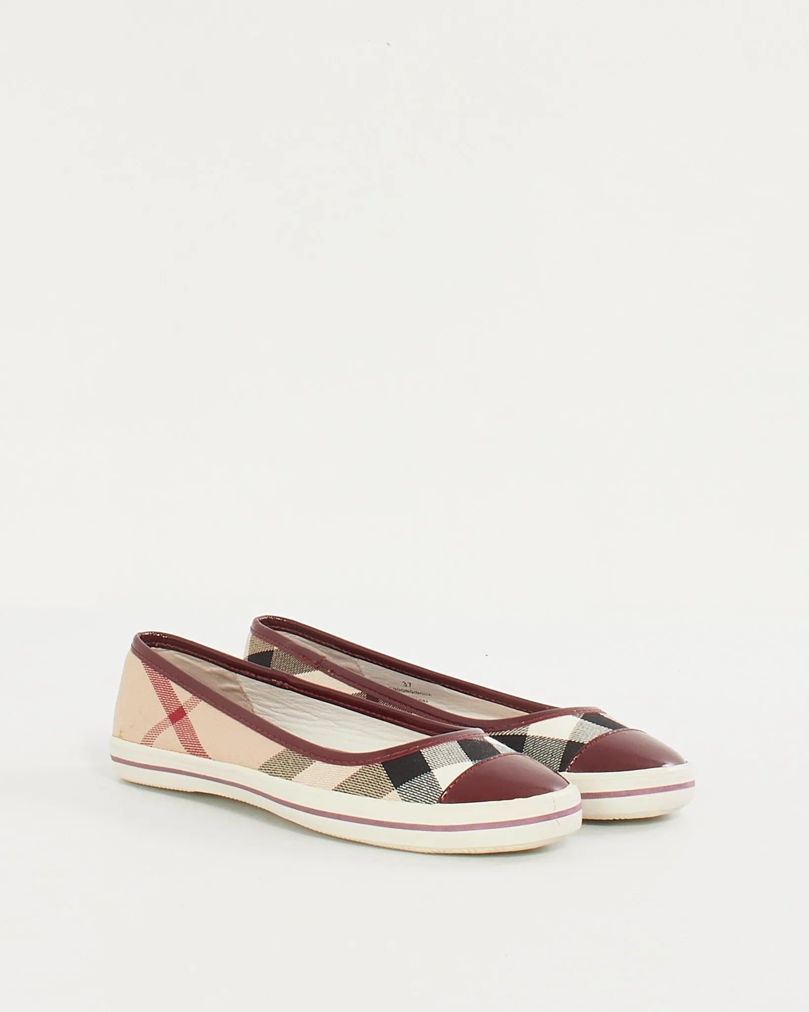 Burberry Beige/Burgundy Canvas Check Print Flats - 37