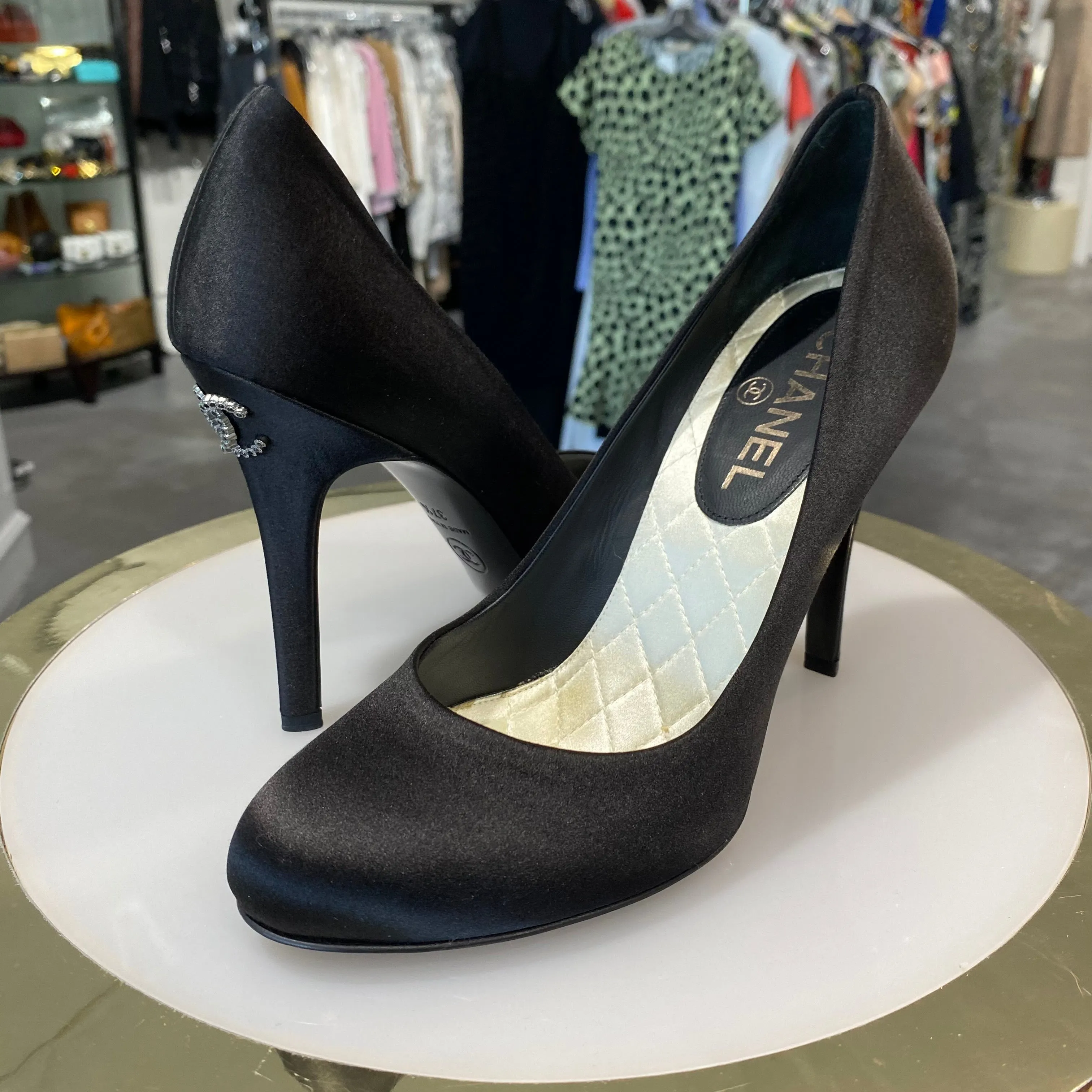 Chanel Black Satin Heels
