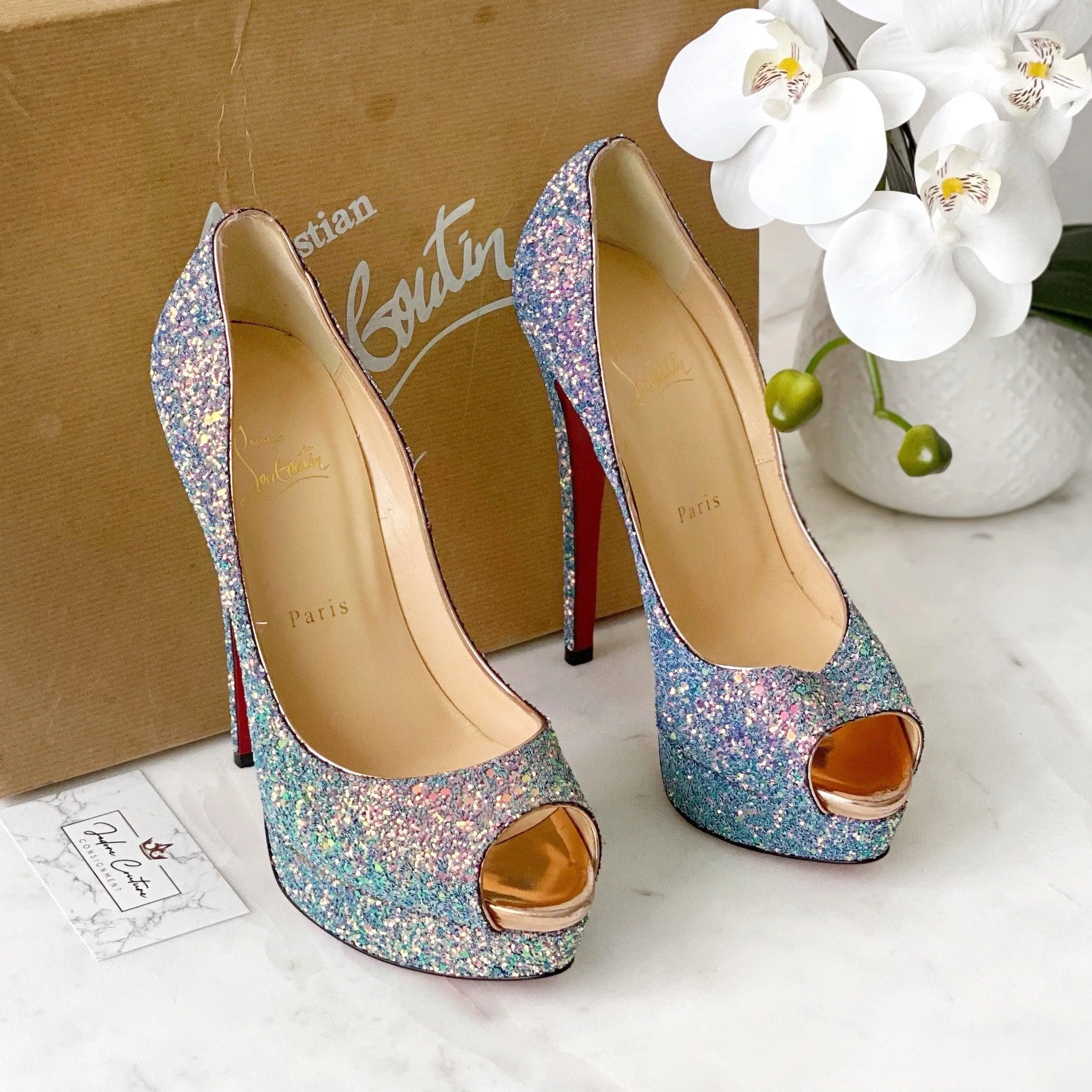 Christian Louboutin Dragonfly Glitter Lady Peep Pumps 38.5