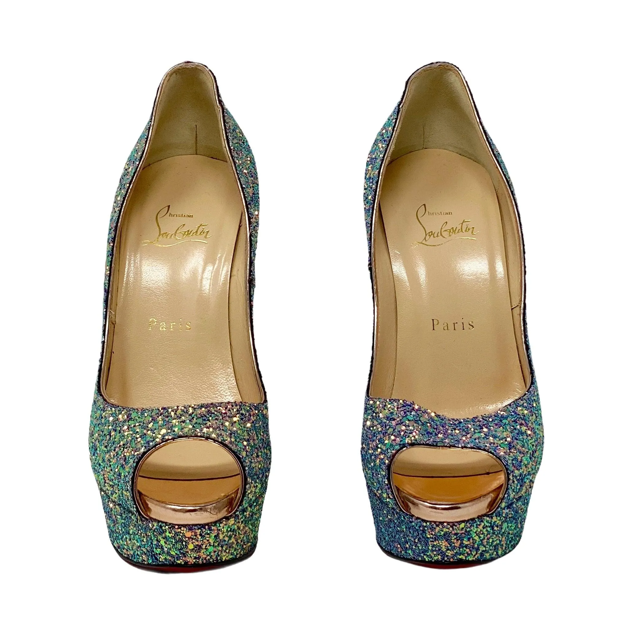 Christian Louboutin Dragonfly Glitter Lady Peep Pumps 38.5