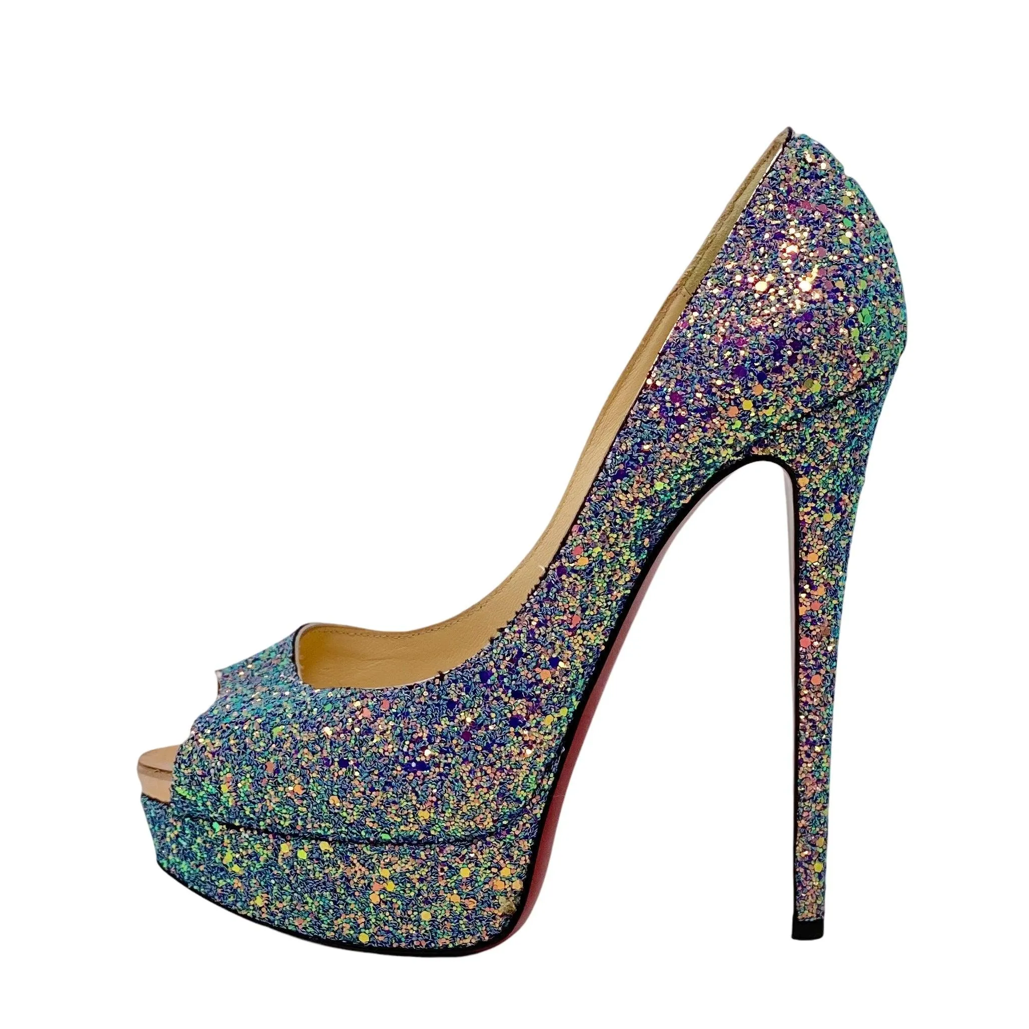 Christian Louboutin Dragonfly Glitter Lady Peep Pumps 38.5