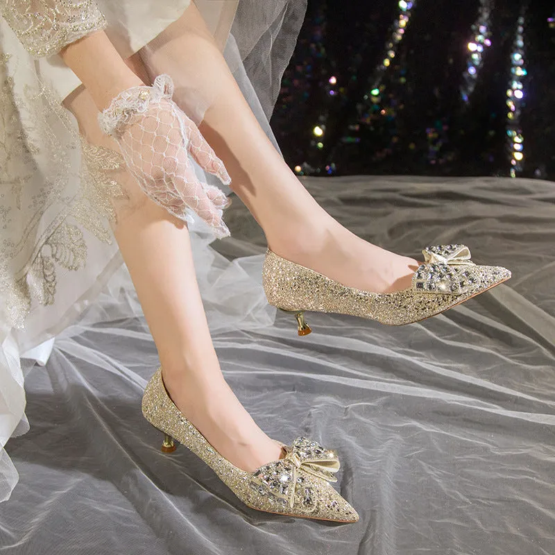 DEANWANGK  New Rhinestone Bow Jewelry Wedding Shoes Bridal Shoes Wedding Dress Temperamental Minority Stiletto Heel High Heels Wholesale