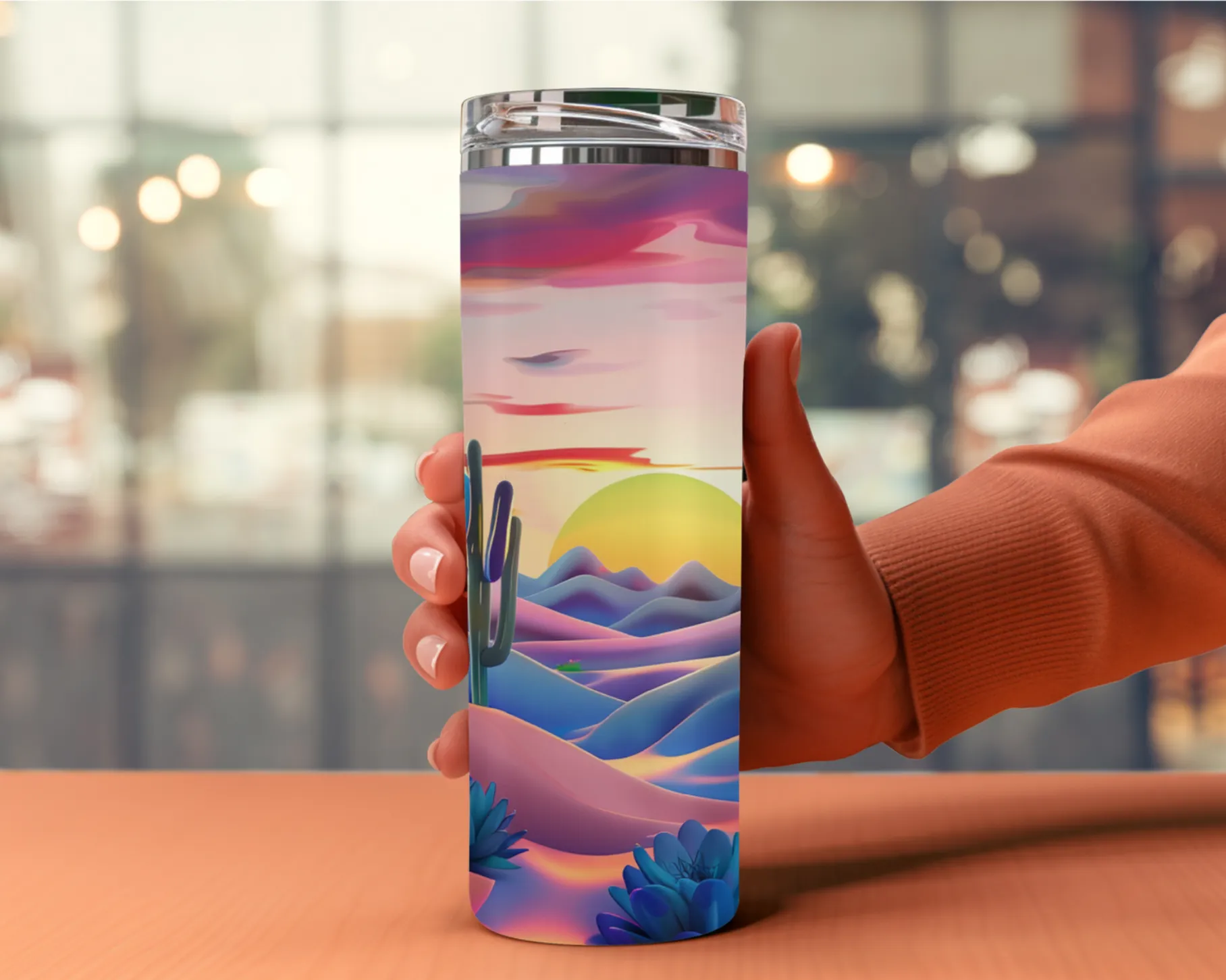 Desert sunset tumbler 20oz, Water bottle, Desert landscape, Cactus design