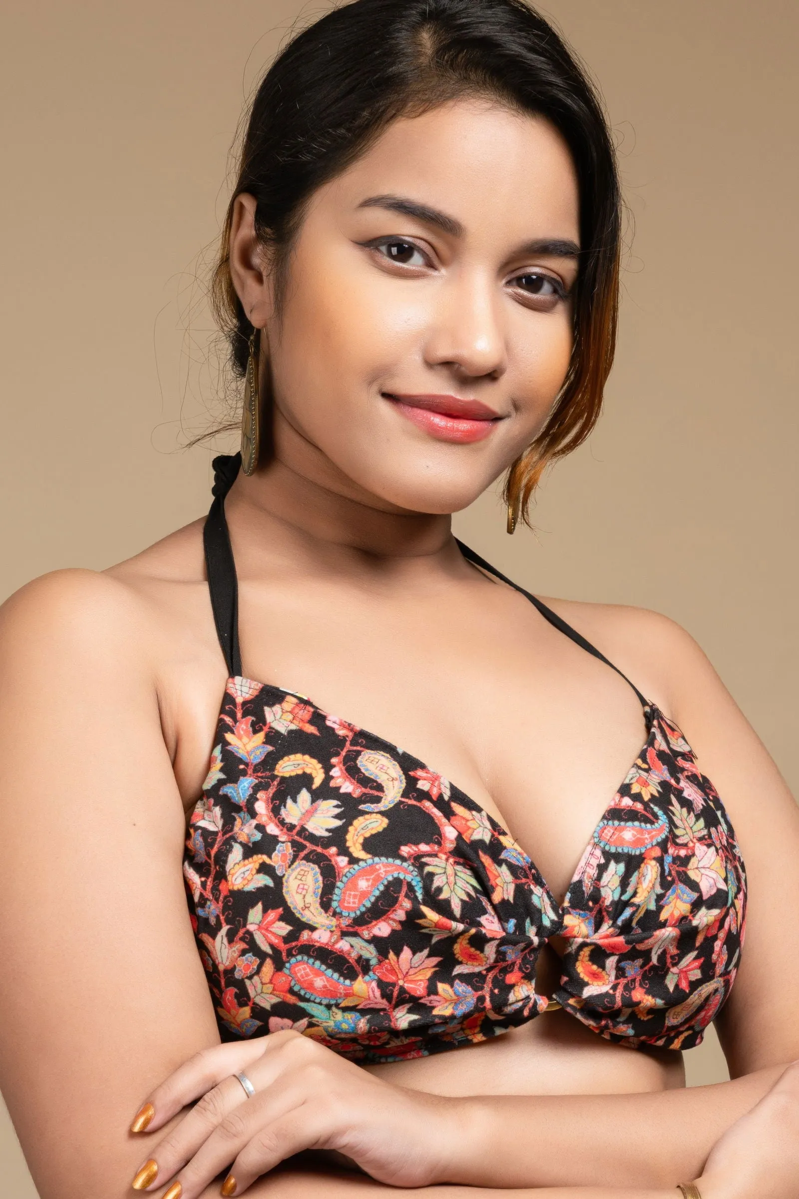 Designer Bikini Top - Velvet Self Design Backless Halter Neck Non-Padded Blouse for Women
