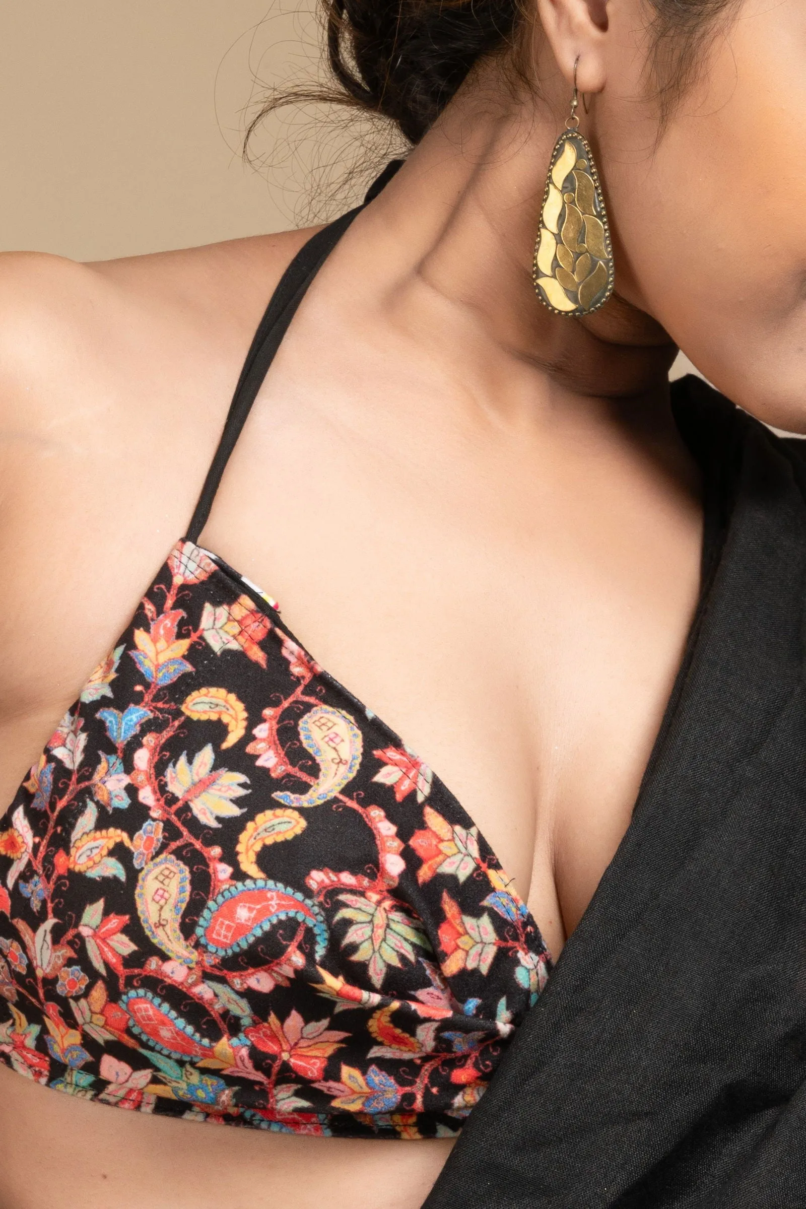 Designer Bikini Top - Velvet Self Design Backless Halter Neck Non-Padded Blouse for Women