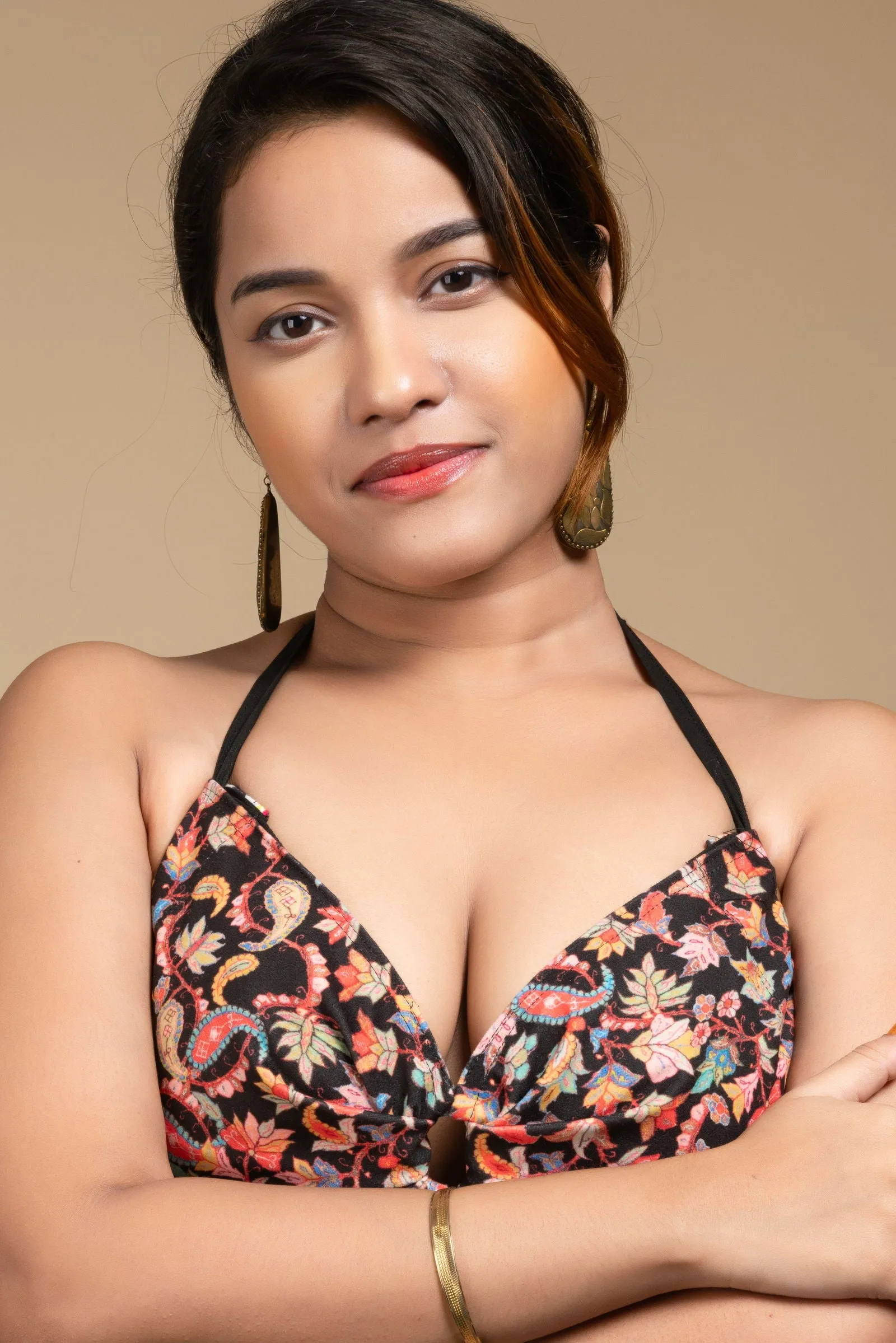 Designer Bikini Top - Velvet Self Design Backless Halter Neck Non-Padded Blouse for Women