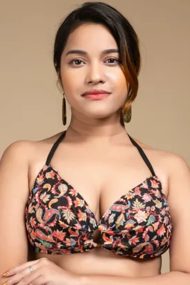 Designer Bikini Top - Velvet Self Design Backless Halter Neck Non-Padded Blouse for Women