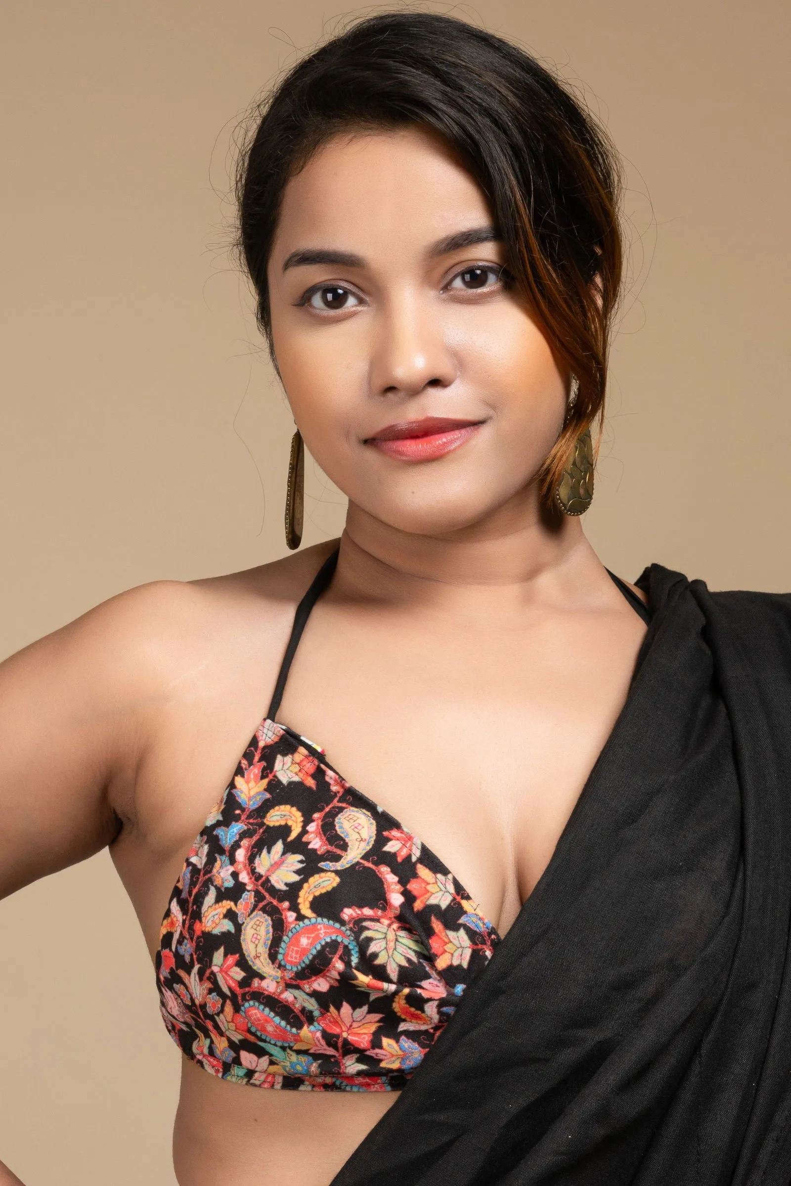 Designer Bikini Top - Velvet Self Design Backless Halter Neck Non-Padded Blouse for Women