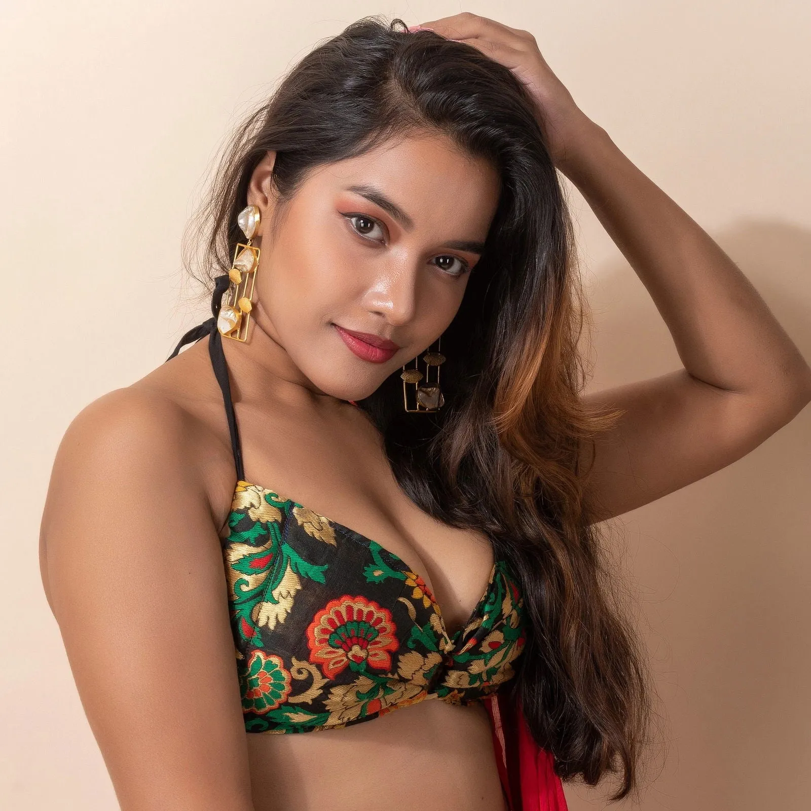 Designer Brocade Fabric Backless Halter Neck Bikini Blouse for Women, Non-Padded