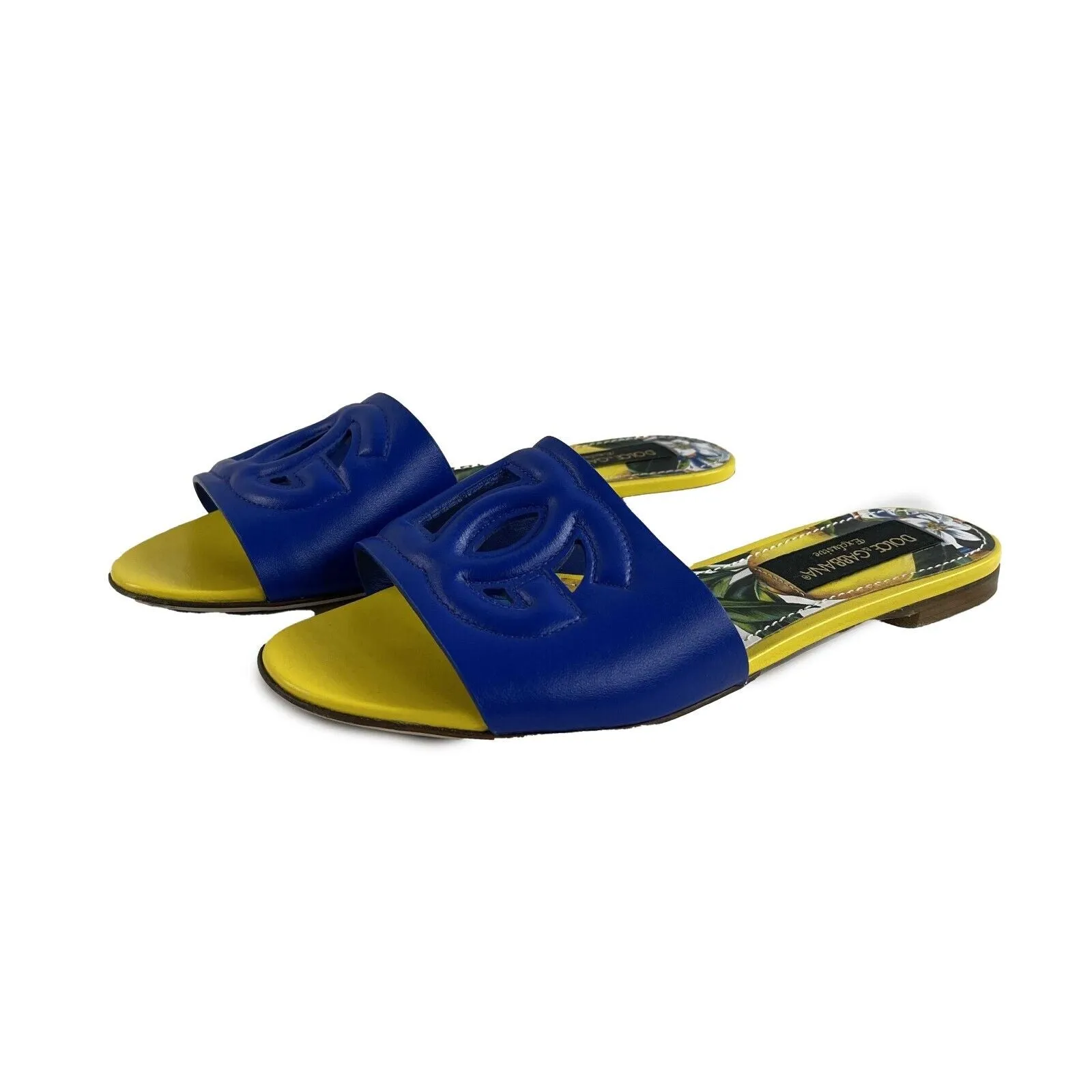 Dolce & Gabbana Good Interlocking DG Logo Slides Blue Yellow 36.5 Shoes US 6.5