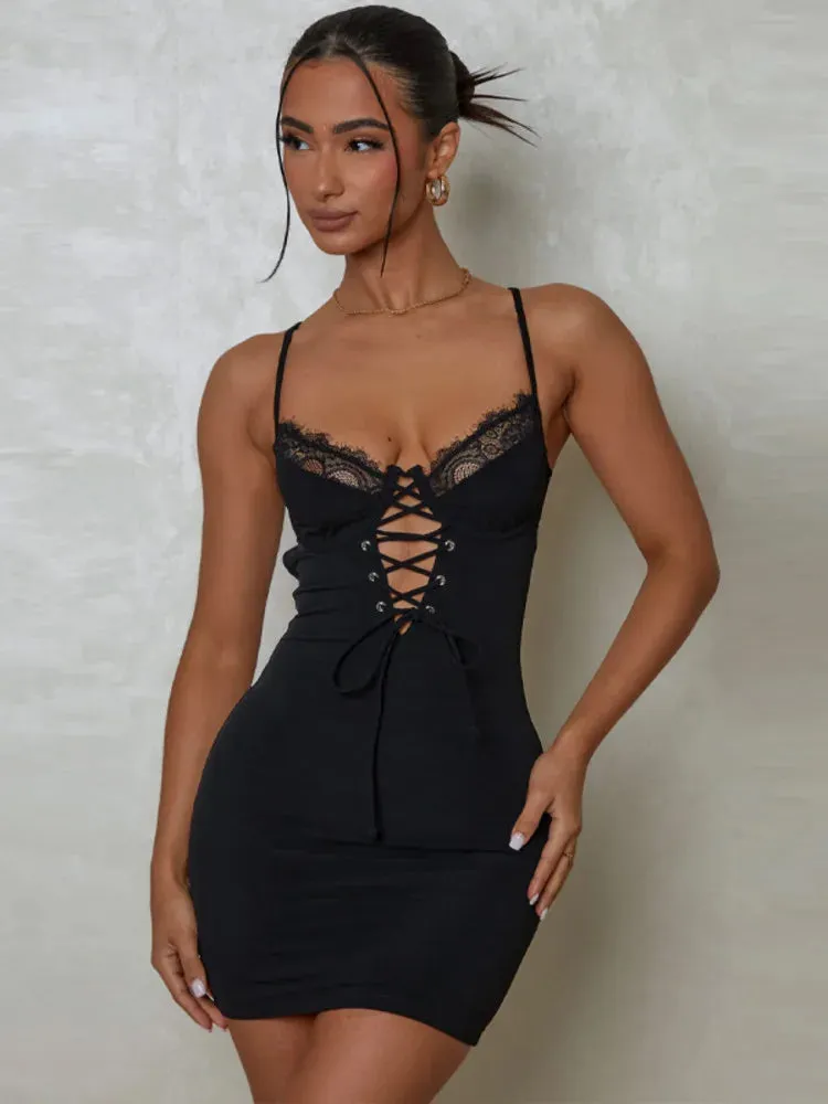 DressBetty - 2024 Black Lace Spaghetti Strap Backless Mini Dress Cut Out Dresses