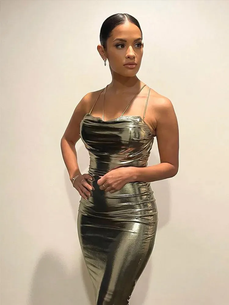 DressBetty - 2024 Elegant Gold Spaghetti Strap Backless Maxi Dress