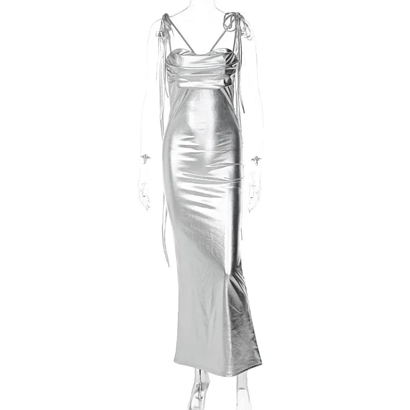 DressBetty - 2024 Elegant Gold Spaghetti Strap Backless Maxi Dress