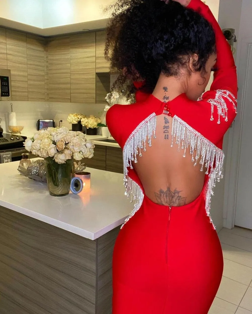 DressBetty - High-Quality Red Black Sexy Sparkly Backless Diamonds Tassel Rayon Bandage Dress