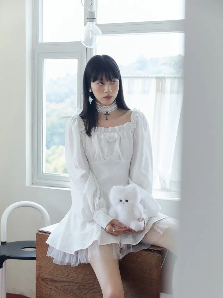 Flower Corsage High Waist Puff Sleeve Ruffled Lace Dress【s0000003579】