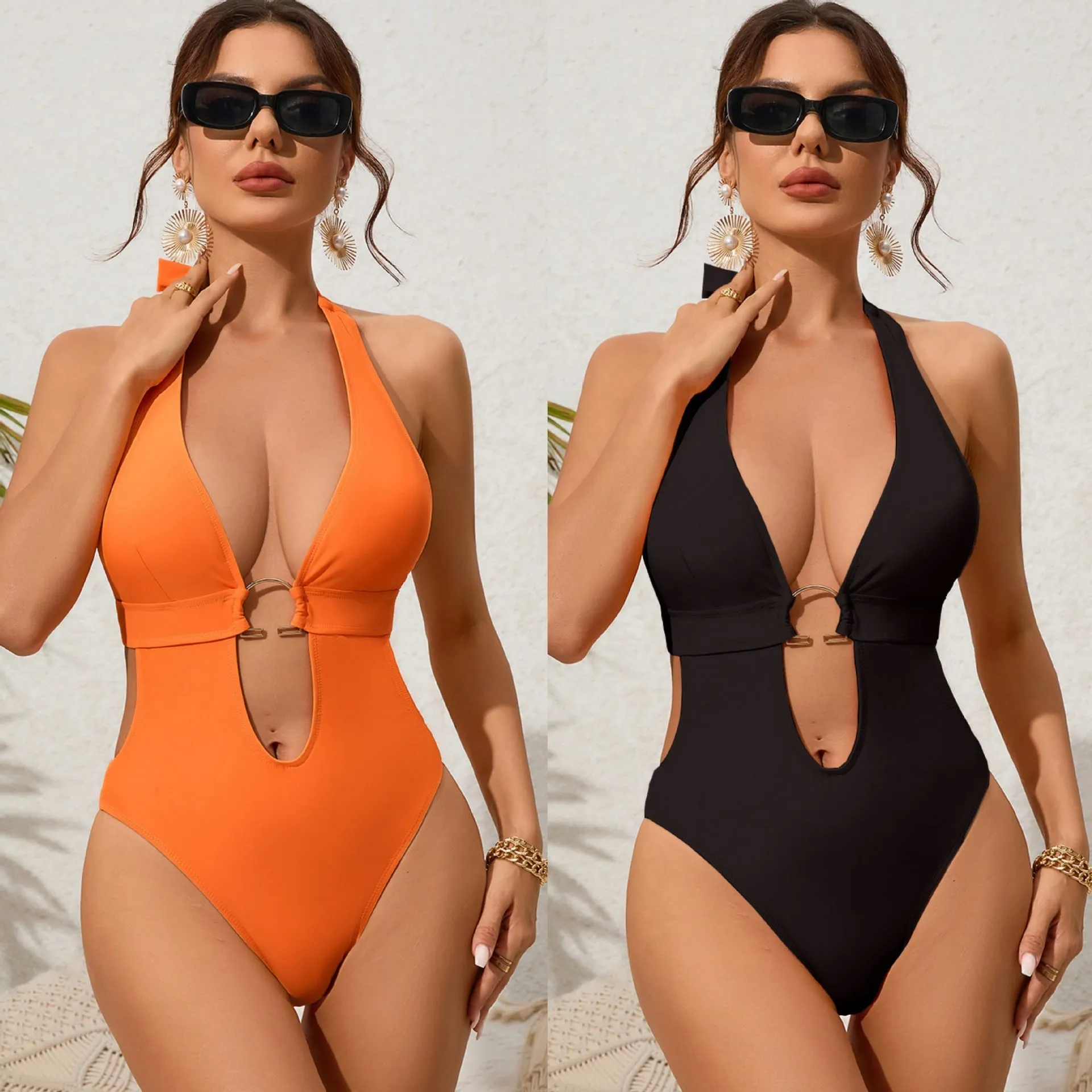 Halter Plunge Backless Swimsuit