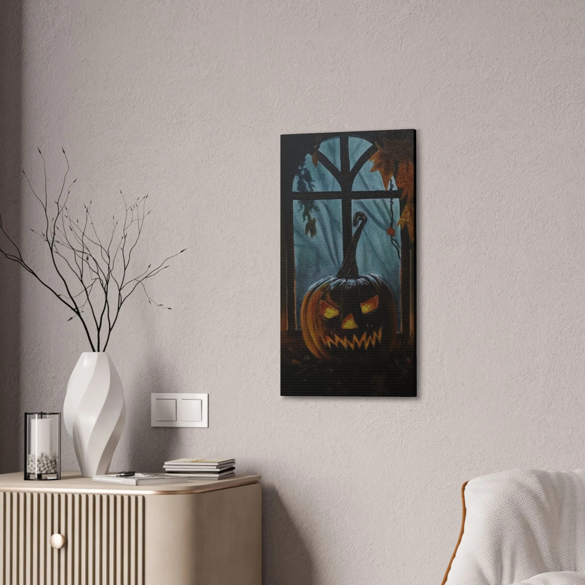 Jack O Lantern in the Window, Canvas Stretched