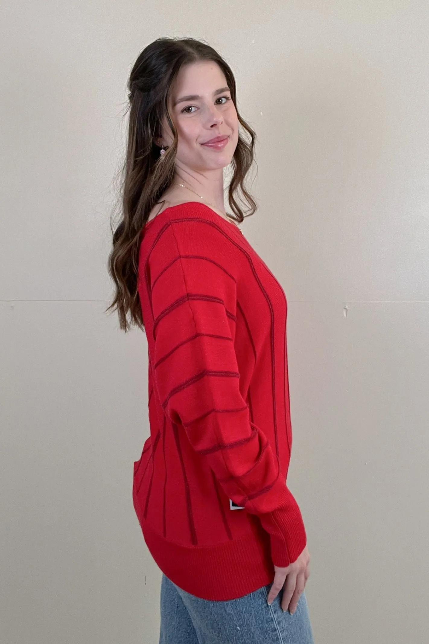 Liverpool Tango Red Boat Neck Striped Sweater