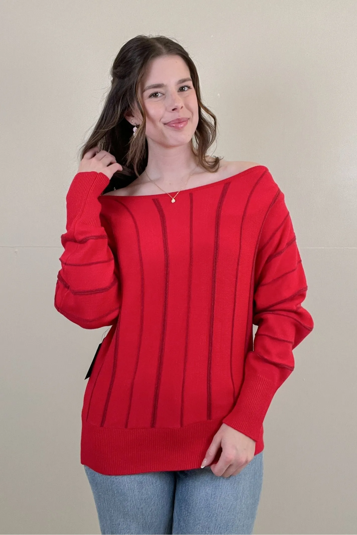 Liverpool Tango Red Boat Neck Striped Sweater