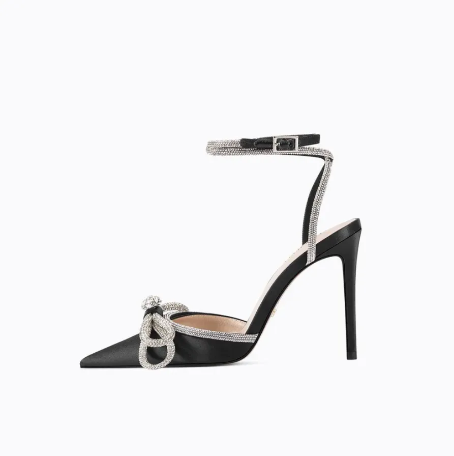 LUNA Midnight  Silver Wrap Around Diamante Bow High Heels - Black