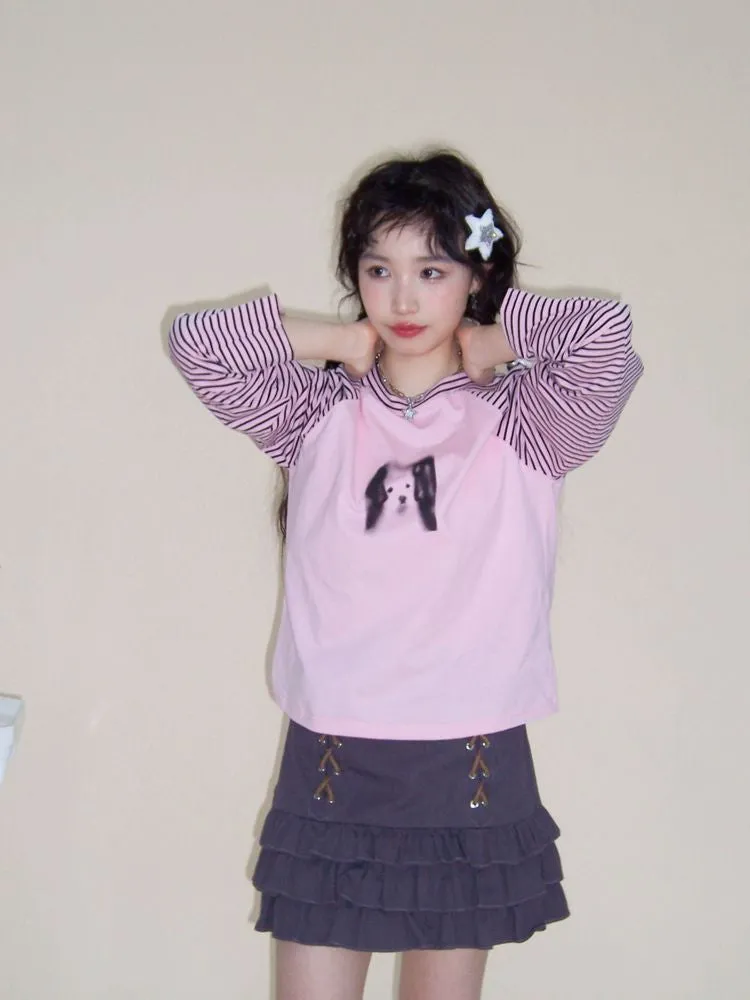 Pink striped print T-shirt【s0000001548】