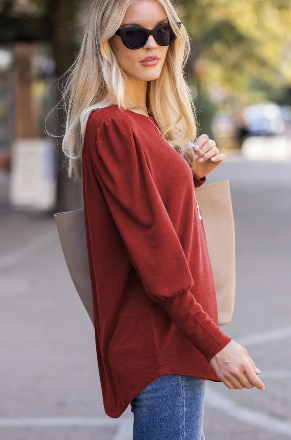Poly/Rayon Knit Boat Neck Blouson Puff Sleeve Top