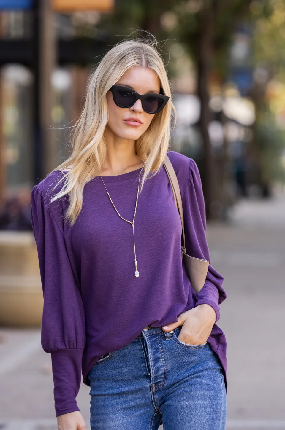Poly/Rayon Knit Boat Neck Blouson Puff Sleeve Top