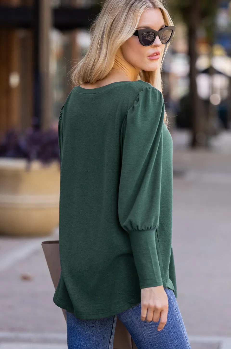 Poly/Rayon Knit Boat Neck Blouson Puff Sleeve Top