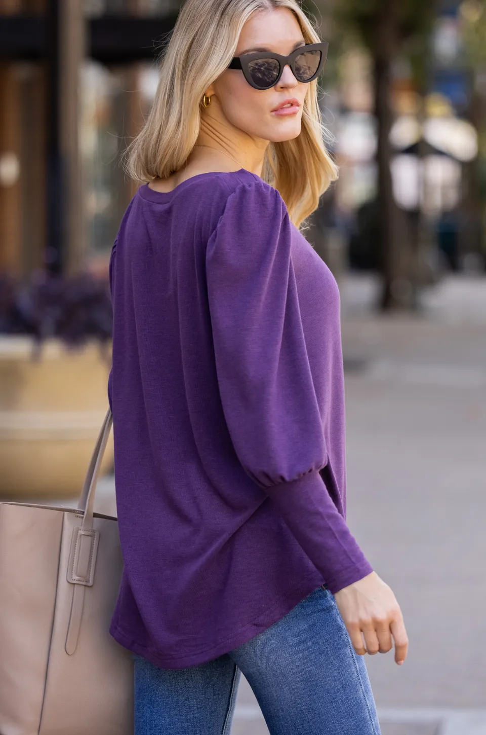 Poly/Rayon Knit Boat Neck Blouson Puff Sleeve Top