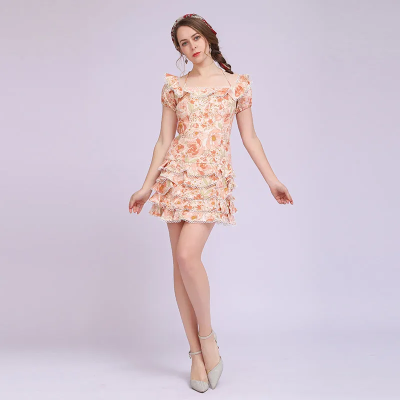 Ruffle Semi Backless Lace-Up Cake Dress