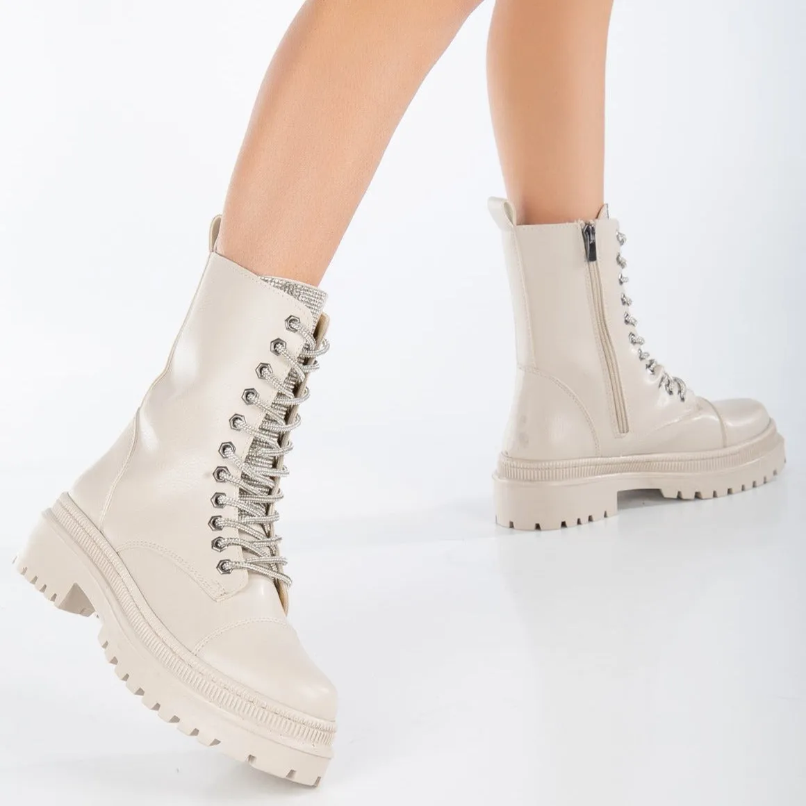 Selene - Beige Combat Boots with Sparkling Laces