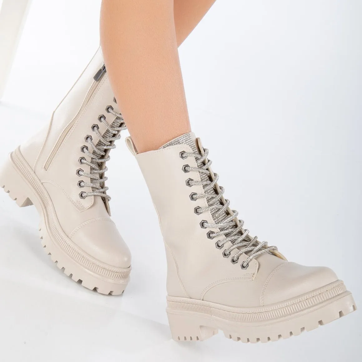 Selene - Beige Combat Boots with Sparkling Laces