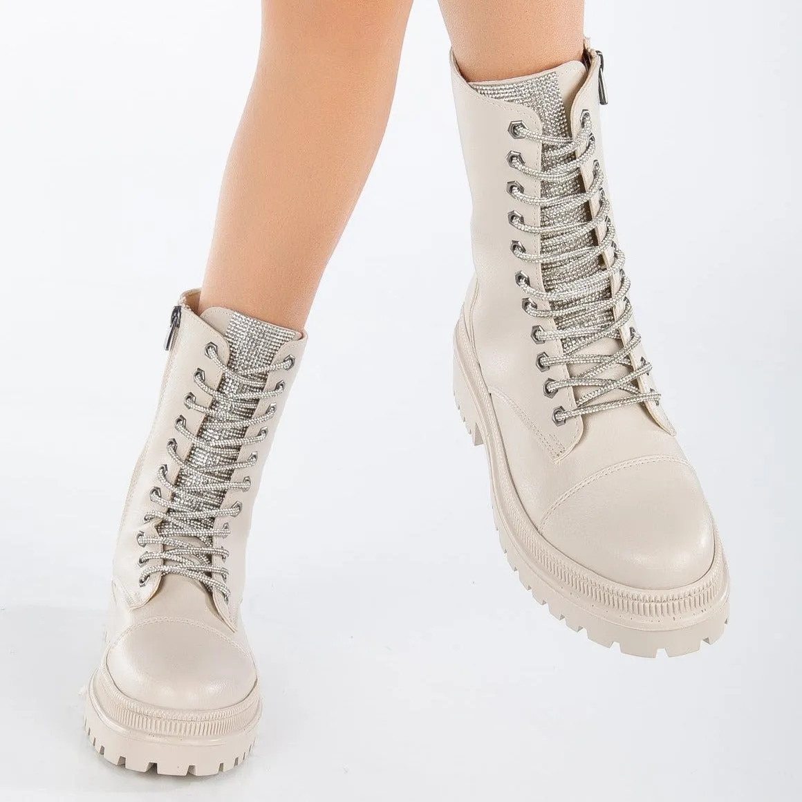 Selene - Beige Combat Boots with Sparkling Laces