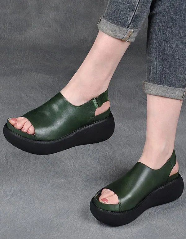 Summer Retro Leather Open Toe Wedge Heel Sandals