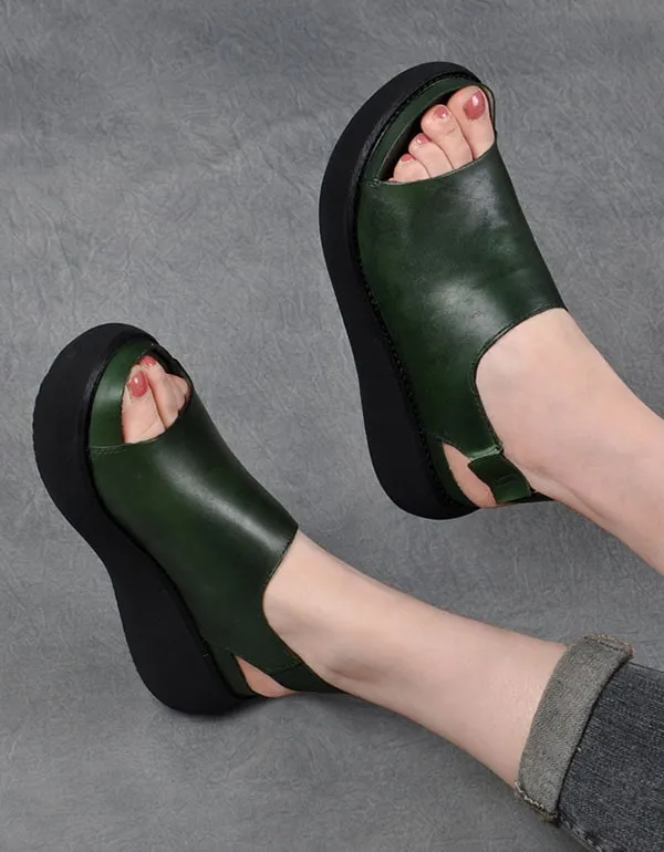 Summer Retro Leather Open Toe Wedge Heel Sandals
