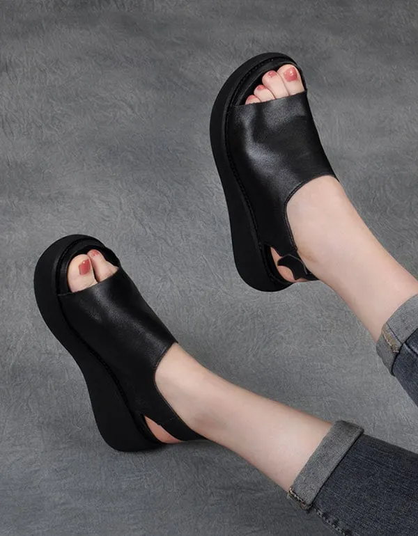 Summer Retro Leather Open Toe Wedge Heel Sandals