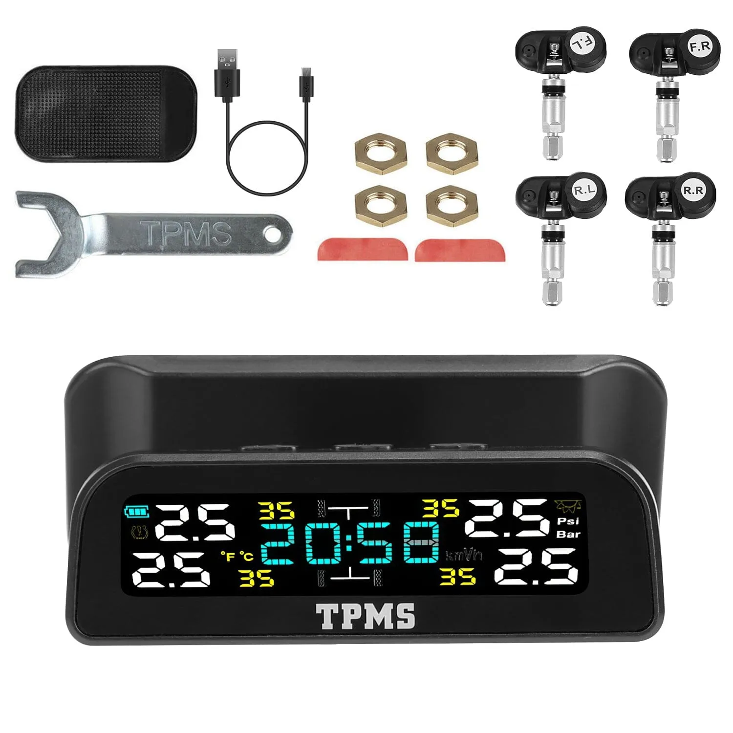 Wireless Solar Car Tire Pressure Monitoring System Auto Tire Pressure with Sensors Temperature Alarm