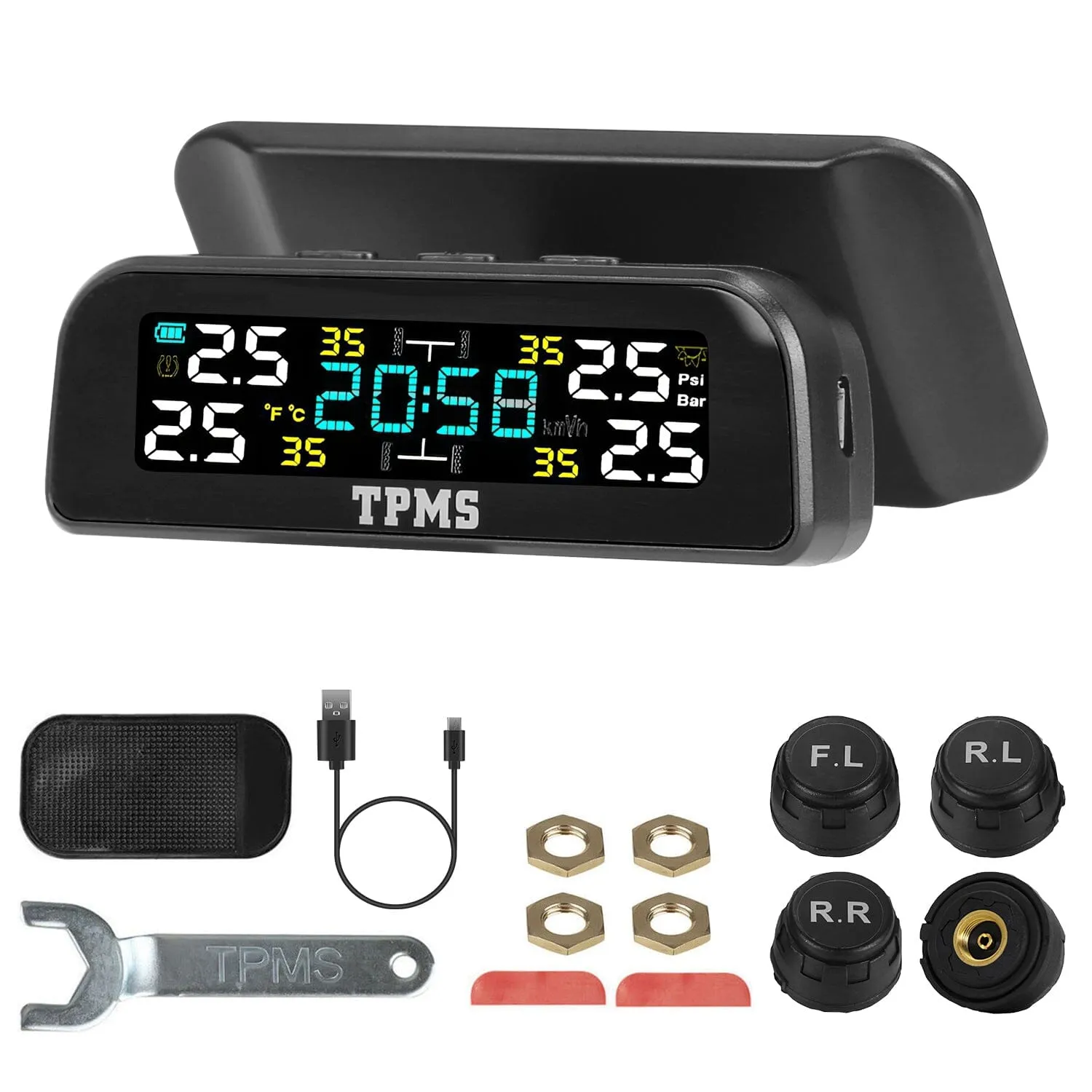 Wireless Solar Car Tire Pressure Monitoring System Auto Tire Pressure with Sensors Temperature Alarm