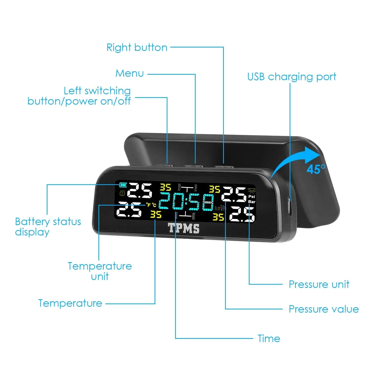 Wireless Solar Car Tire Pressure Monitoring System Auto Tire Pressure with Sensors Temperature Alarm