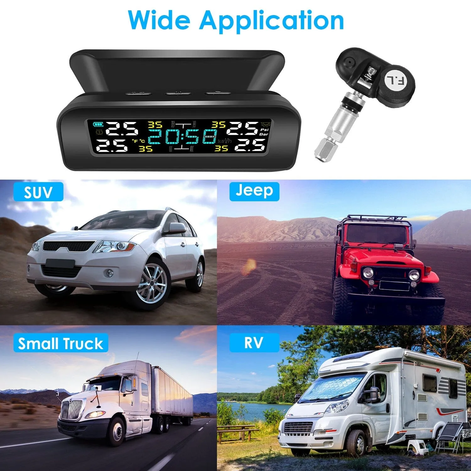 Wireless Solar Car Tire Pressure Monitoring System Auto Tire Pressure with Sensors Temperature Alarm